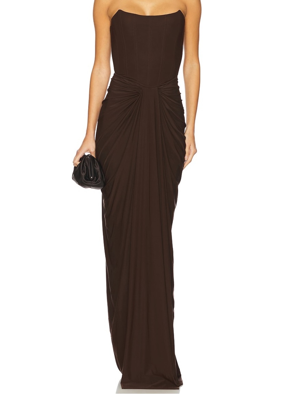 Deme by Gabriella Pearl Gown Dark Brown XS Ruched Strapless Maxi Dress Chocolate